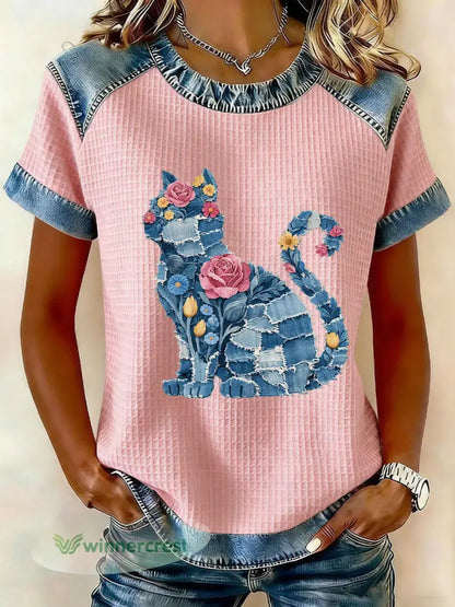 Women’s Cat and Floral Print Casual T-Shirt - Pink / S