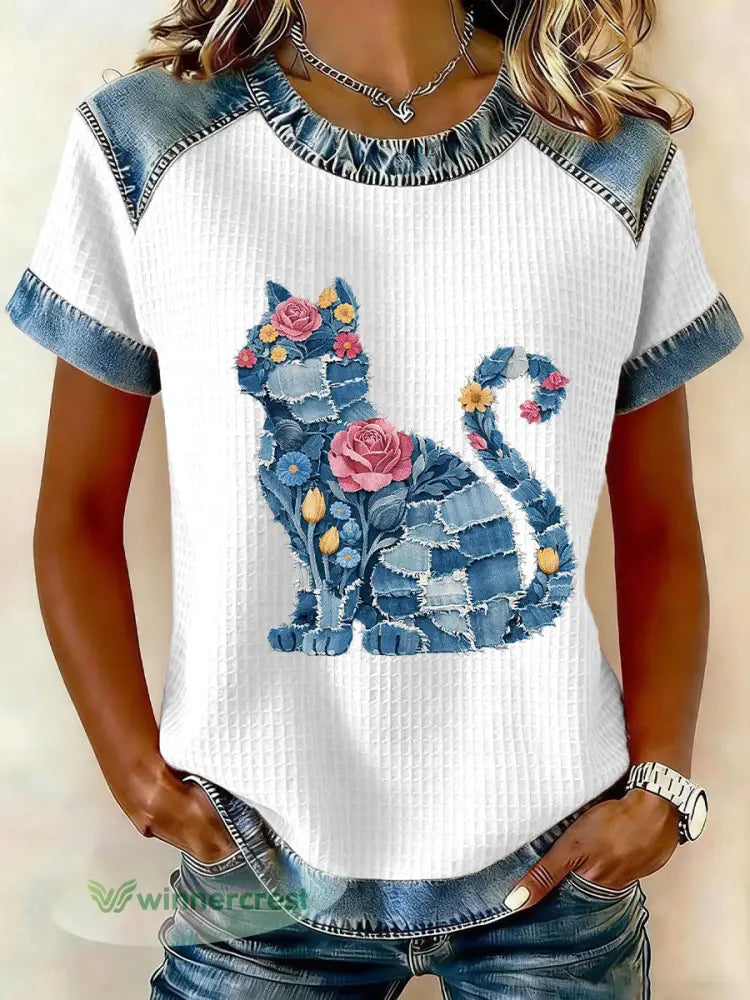 Women’s Cat and Floral Print Casual T-Shirt - White / S