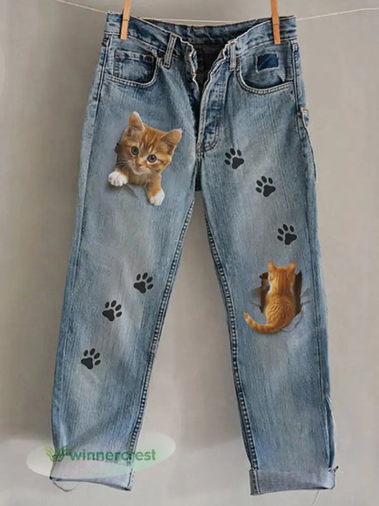 Women’s Cat Art Print Casual Pants - Blue / S