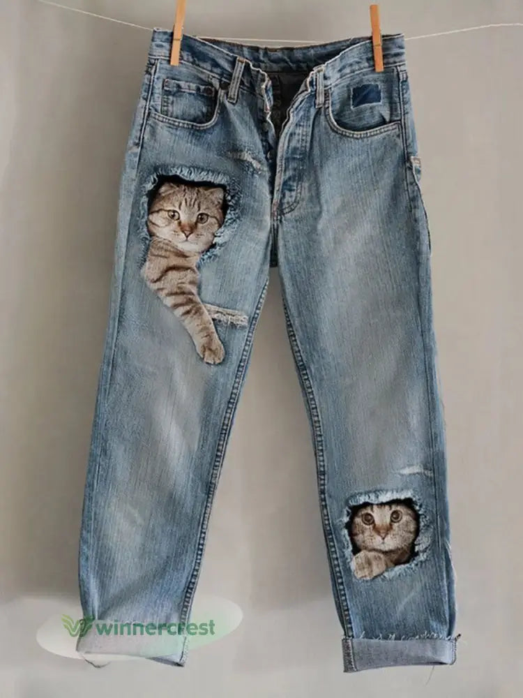 Women’s Cat Art Print Casual Pants - Blue / S