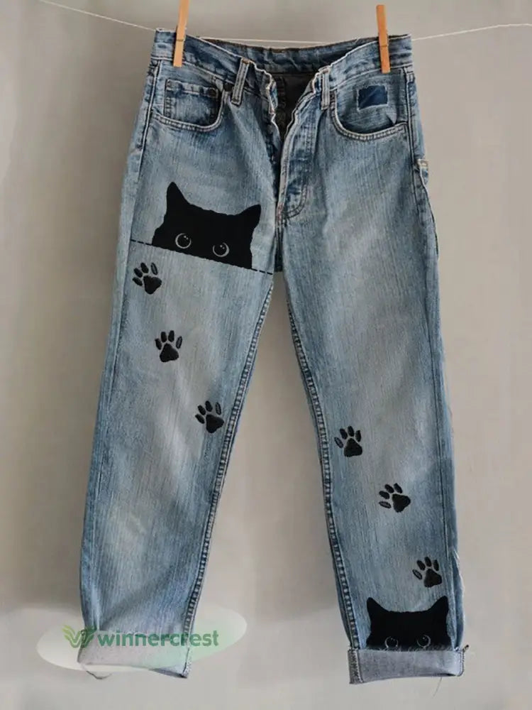 Women’s Cat Art Print Casual Pants - Blue / S