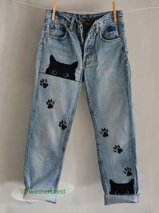 Women’s Cat Art Print Casual Pants - Blue / S