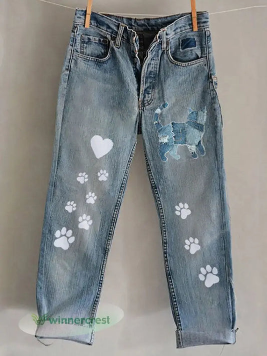 Women’s Cat Art Print Casual Pants - Blue / S