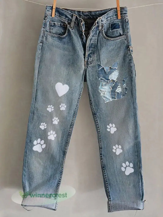 Women’s Cat Art Print Casual Pants - Blue / S