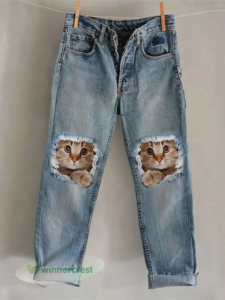 Women’s Cat Art Print Casual Pants - Blue / S