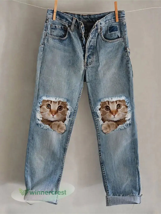 Women’s Cat Art Print Casual Pants - Blue / S
