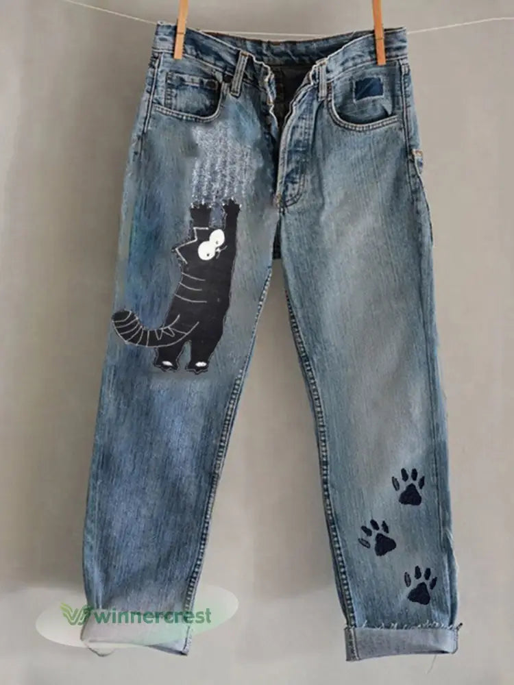 Women’s Cat Art Print Casual Pants - Blue / S