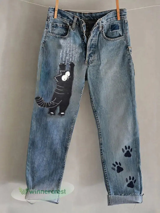 Women’s Cat Art Print Casual Pants - Blue / S