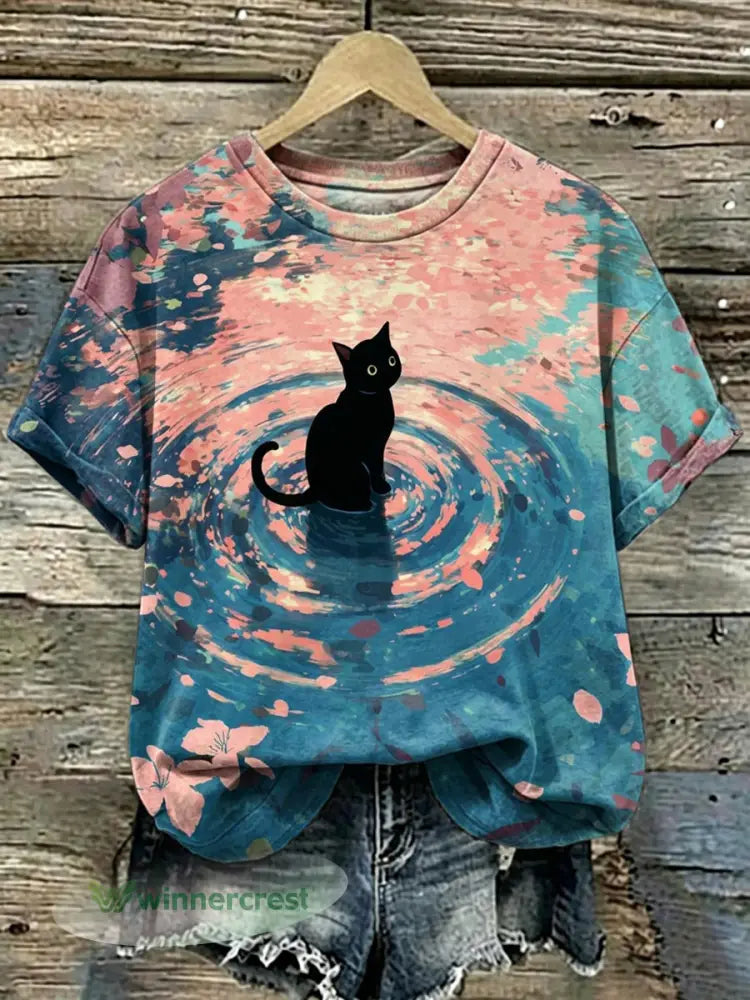 Women’s Cat Art Print Short Sleeves T-shirt - As picture / S