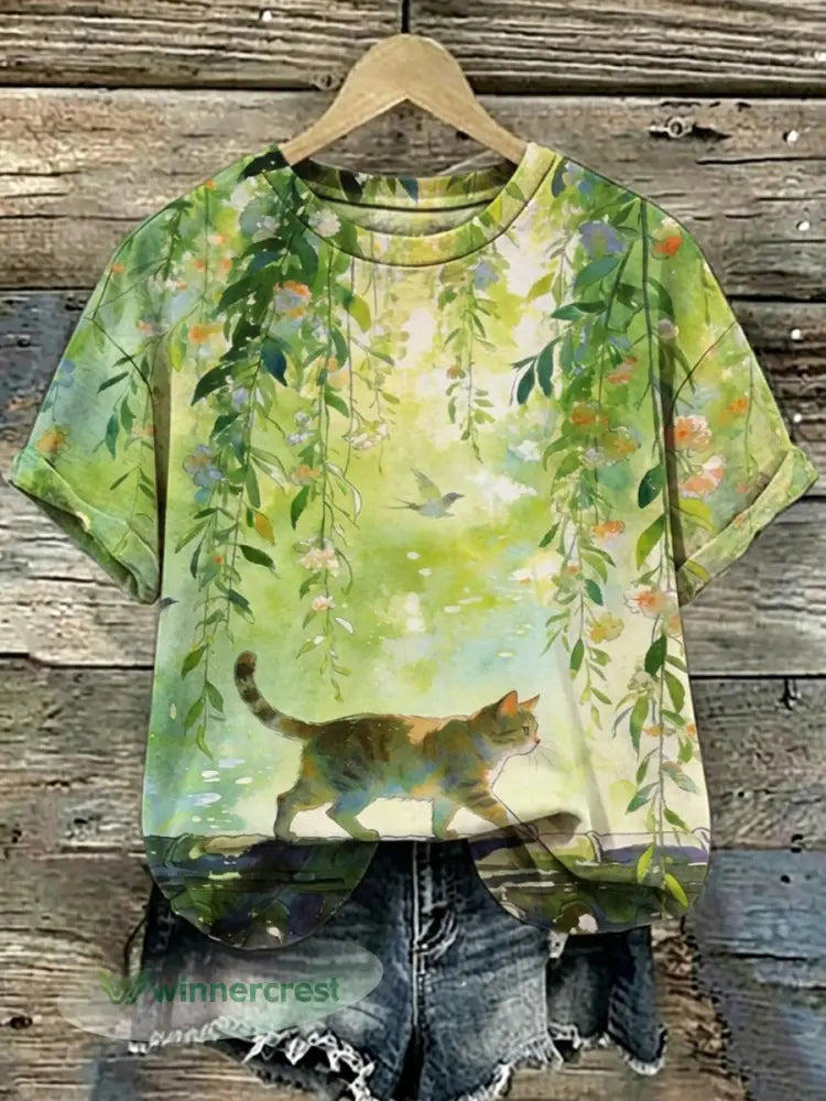 Women’s Cat Art Print Short Sleeves T-shirt - As picture / S