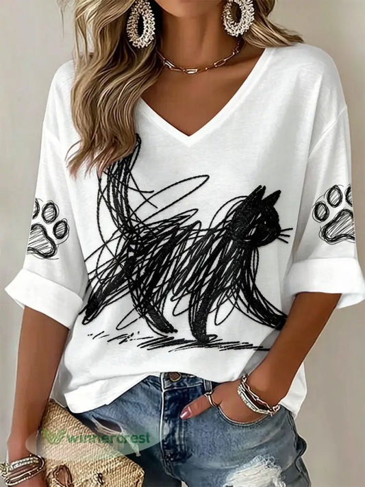 Women’s Cat Art Print V-Neck T-Shirts - White / S