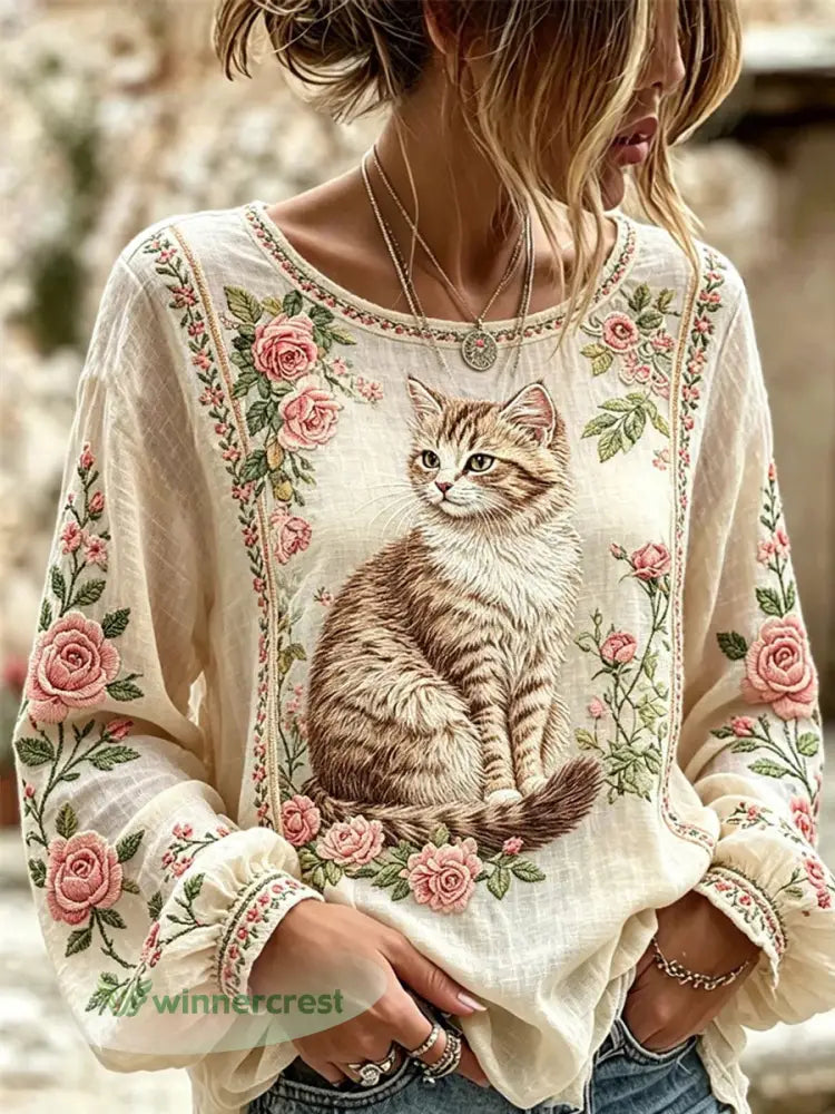 Women’s Cat Embroidered Print Shirt - As picture / S