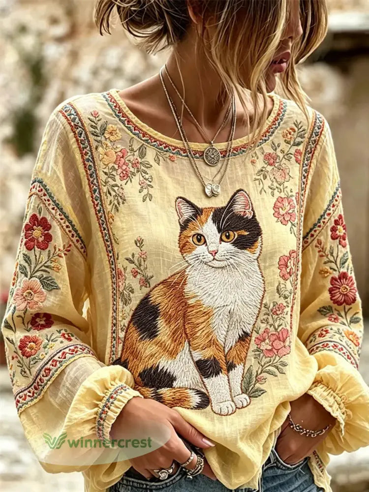 Women’s Cat Embroidered Print Shirt - As picture / S