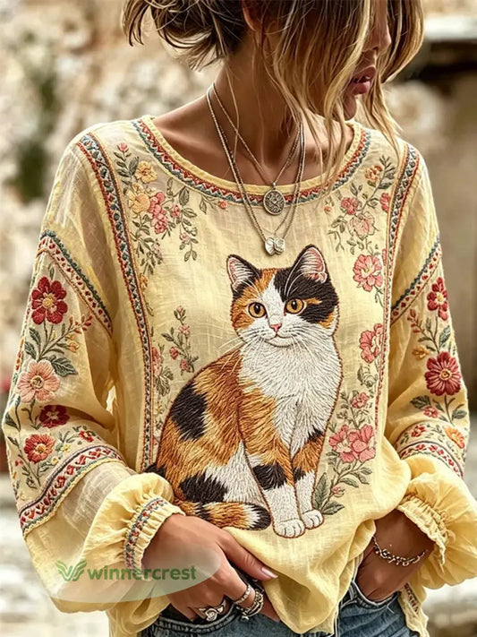 Women’s Cat Embroidered Print Shirt - As picture / S