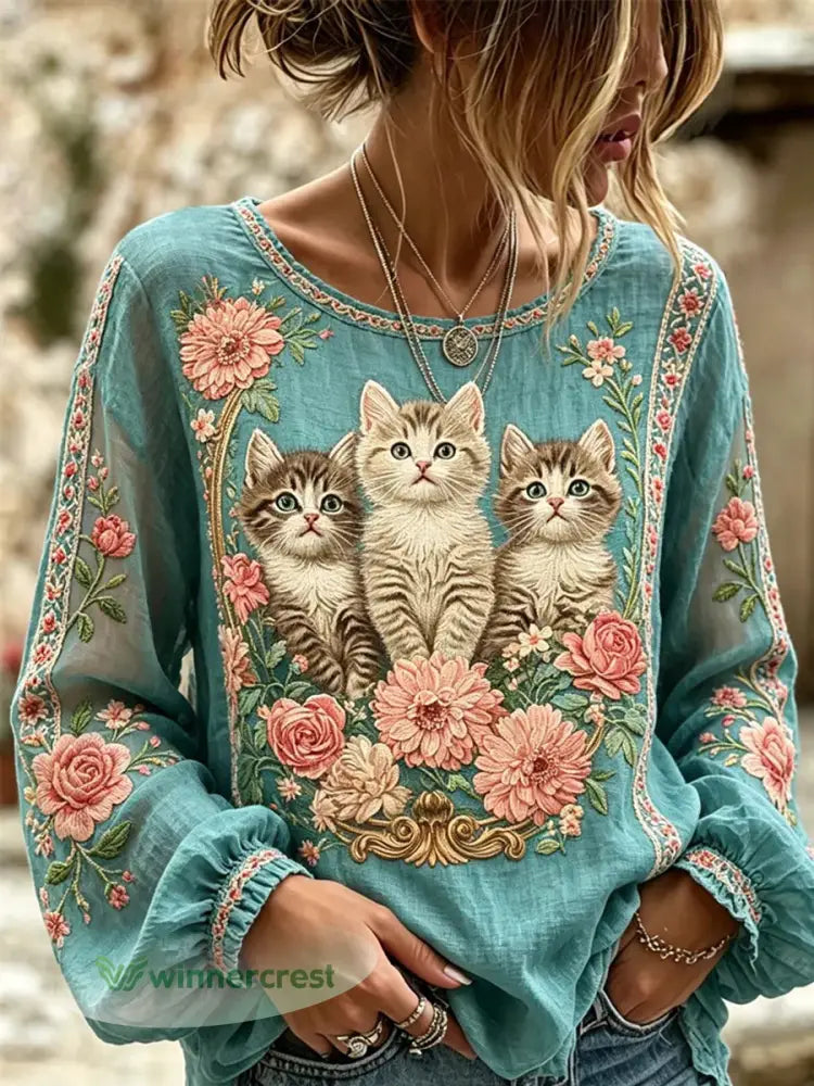 Women’s Cat Embroidered Print Shirt - As picture / S