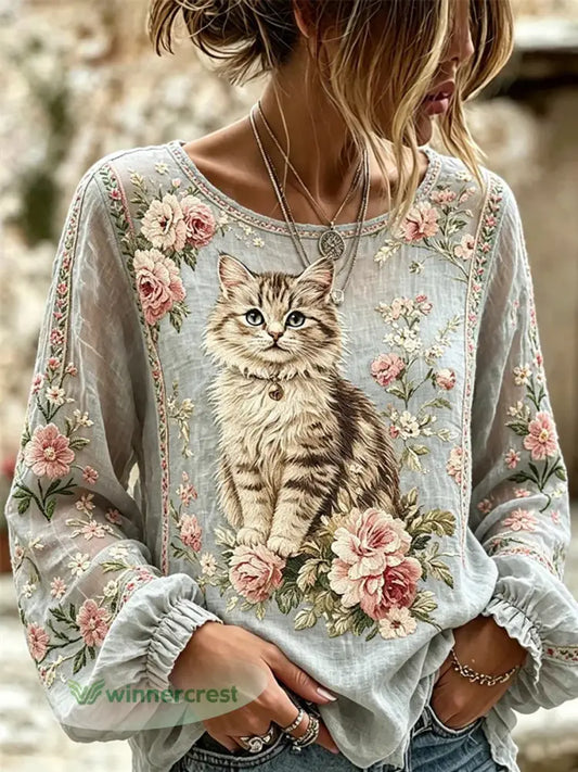 Women’s Cat Embroidered Print Shirt - As picture / S