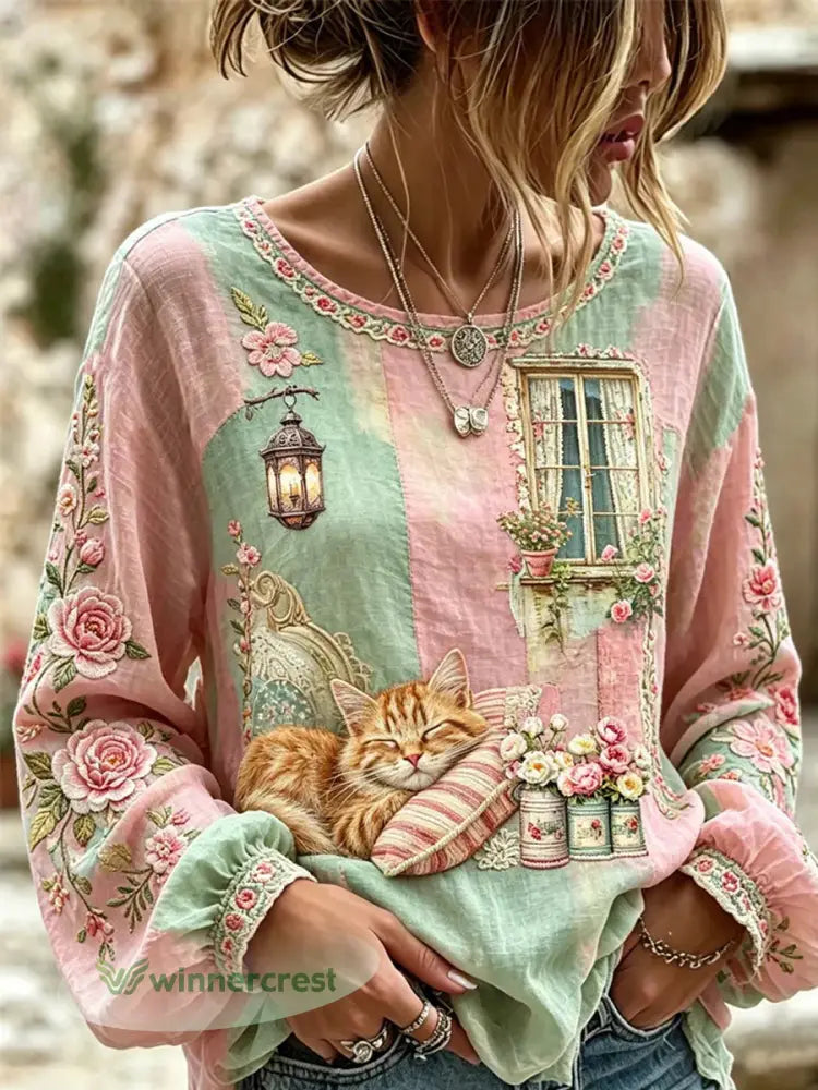 Women’s Cat Embroidered Print Shirt - As picture / S