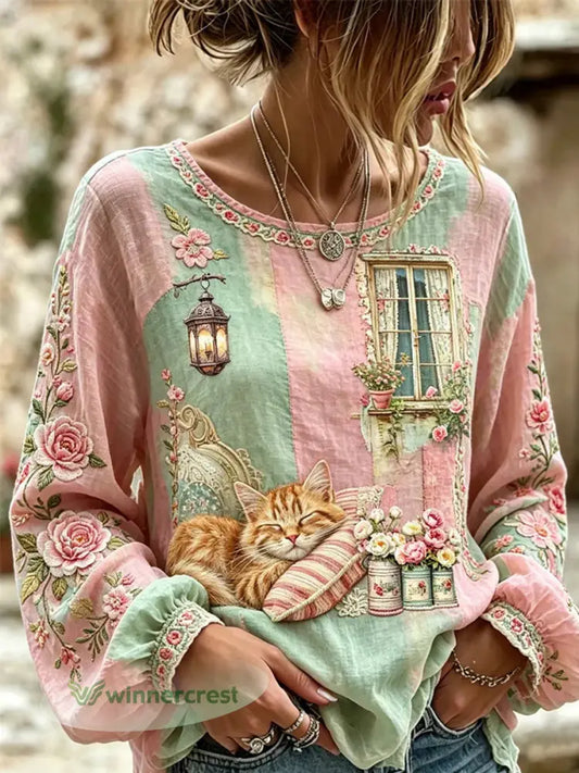 Women’s Cat Embroidered Print Shirt - As picture / S