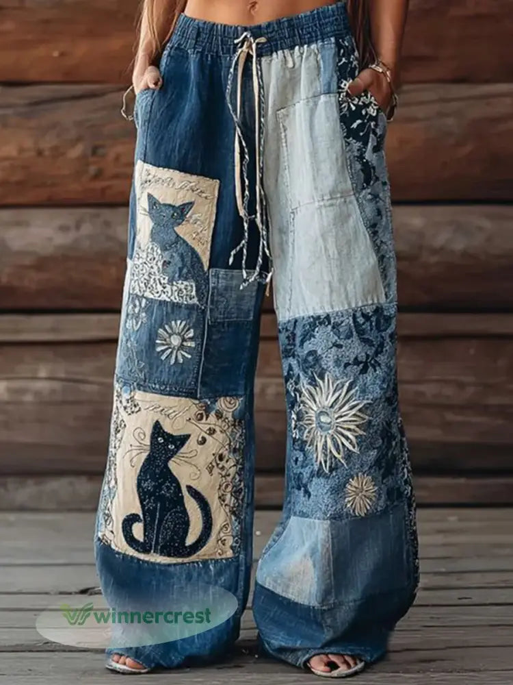 Women’s Cat Floral Leisure Pants - Blue / S