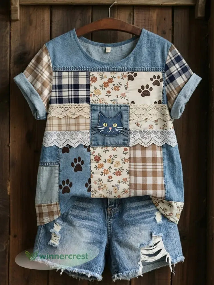 Women’s Cat Floral Patchwork Linen Short-sleeved T-shirt - As picture / S