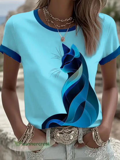 Women’s Cat Print Casual Shirt - Blue / S