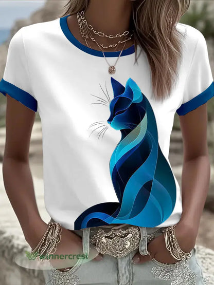 Women’s Cat Print Casual Shirt - White / S