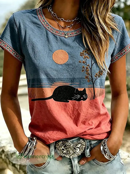 Women’s Cat Print Casual T-shirt - As picture / S