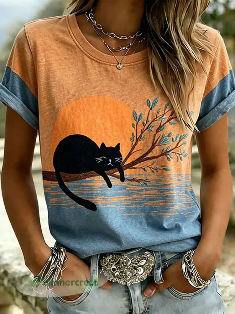 Women’s Cat Print Casual T-shirt - As picture / S