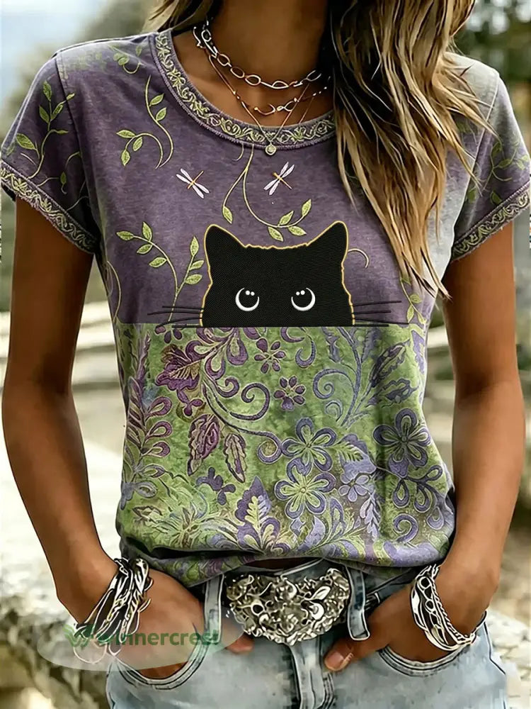 Women’s Cat Print Casual T-shirt - As picture / S