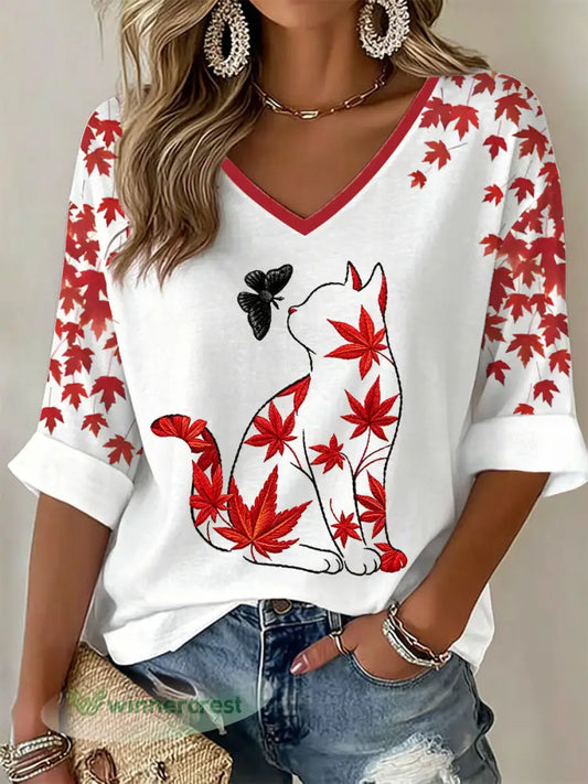 Women’s Cat Print Casual T-shirt - White / S