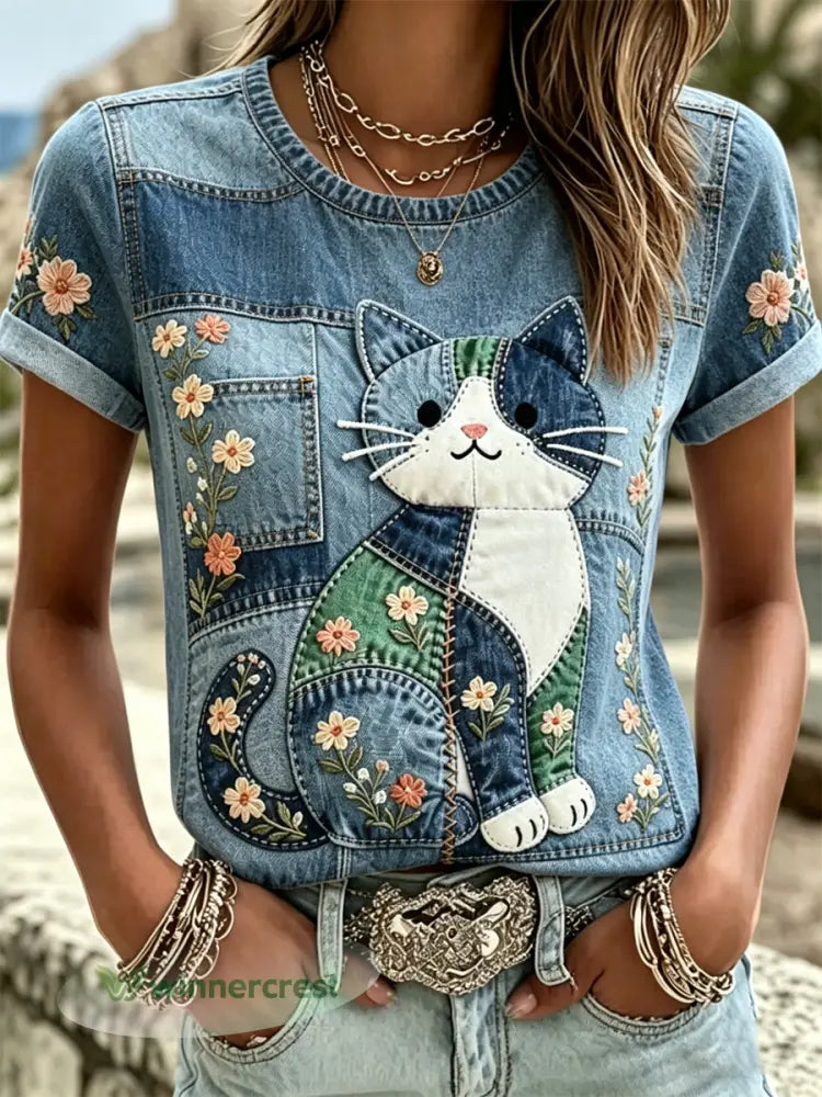 Women’s Cat Print short-sleeved T-shirt - As picture / S