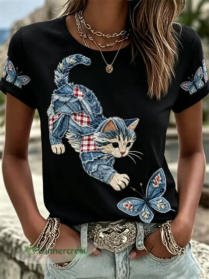 Women’s Cat Print short-sleeved T-shirt - Black / S