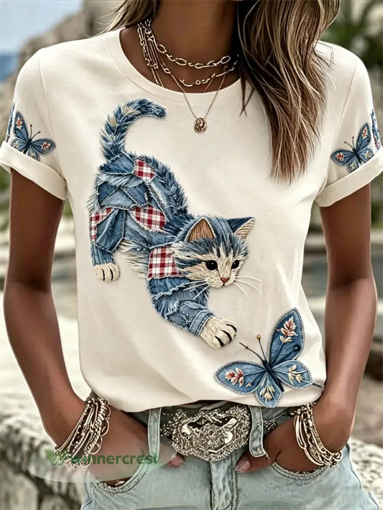 Women’s Cat Print short-sleeved T-shirt - Creamy-White / S
