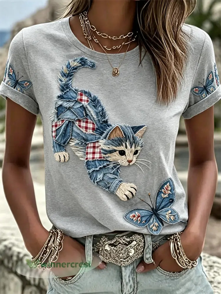 Women’s Cat Print short-sleeved T-shirt - Gray / S