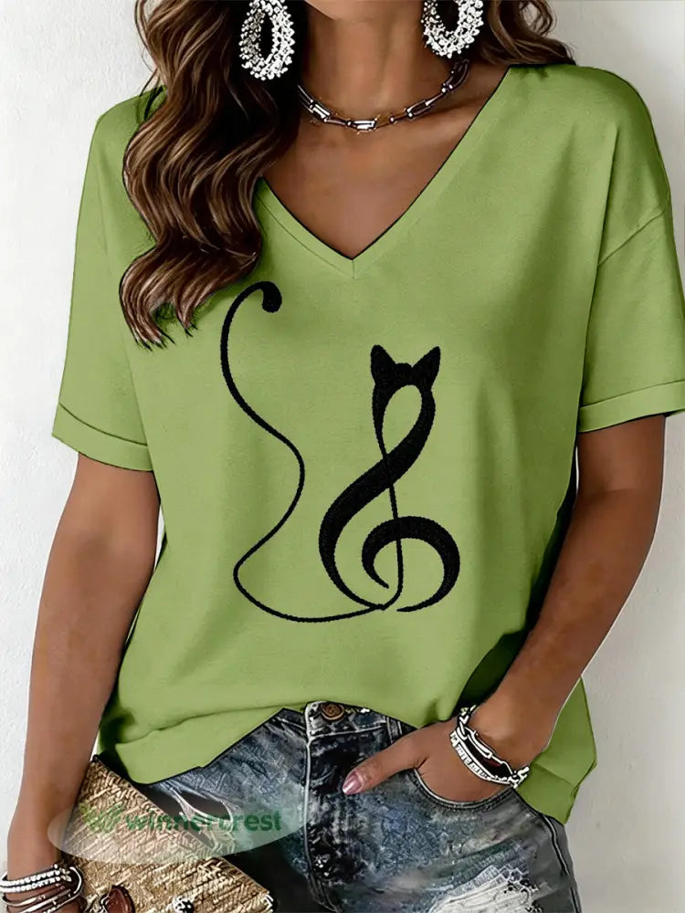 Women’s Cat Print V-Neck T-Shirt - Green / S