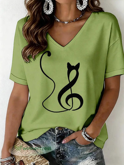 Women’s Cat Print V-Neck T-Shirt - Green / S