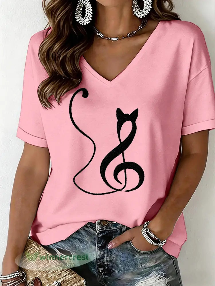 Women’s Cat Print V-Neck T-Shirt - Pink / S