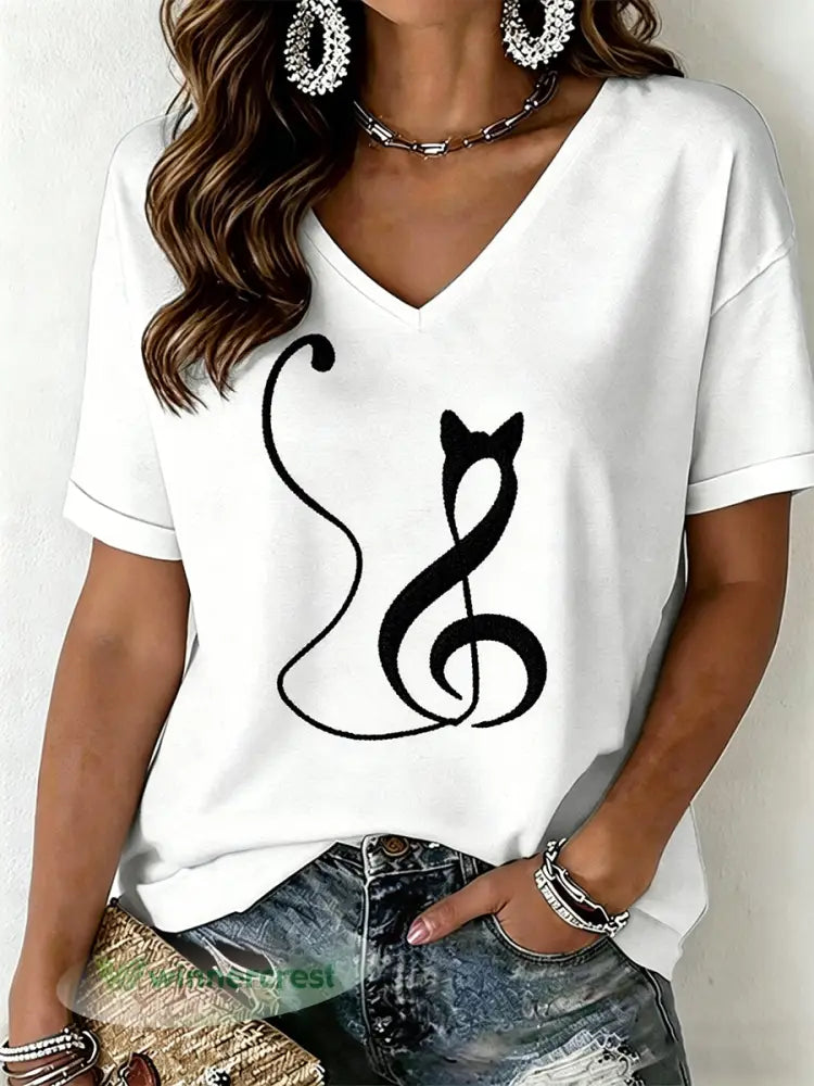 Women’s Cat Print V-Neck T-Shirt - White / S