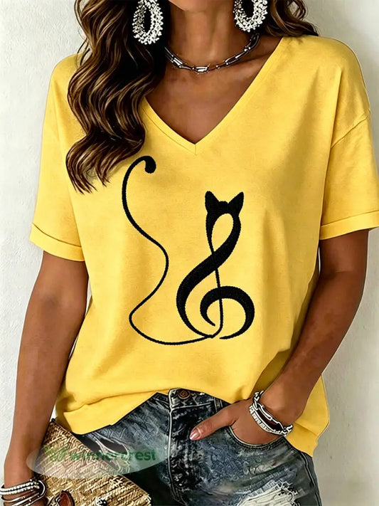 Women’s Cat Print V-Neck T-Shirt - Yellow / S