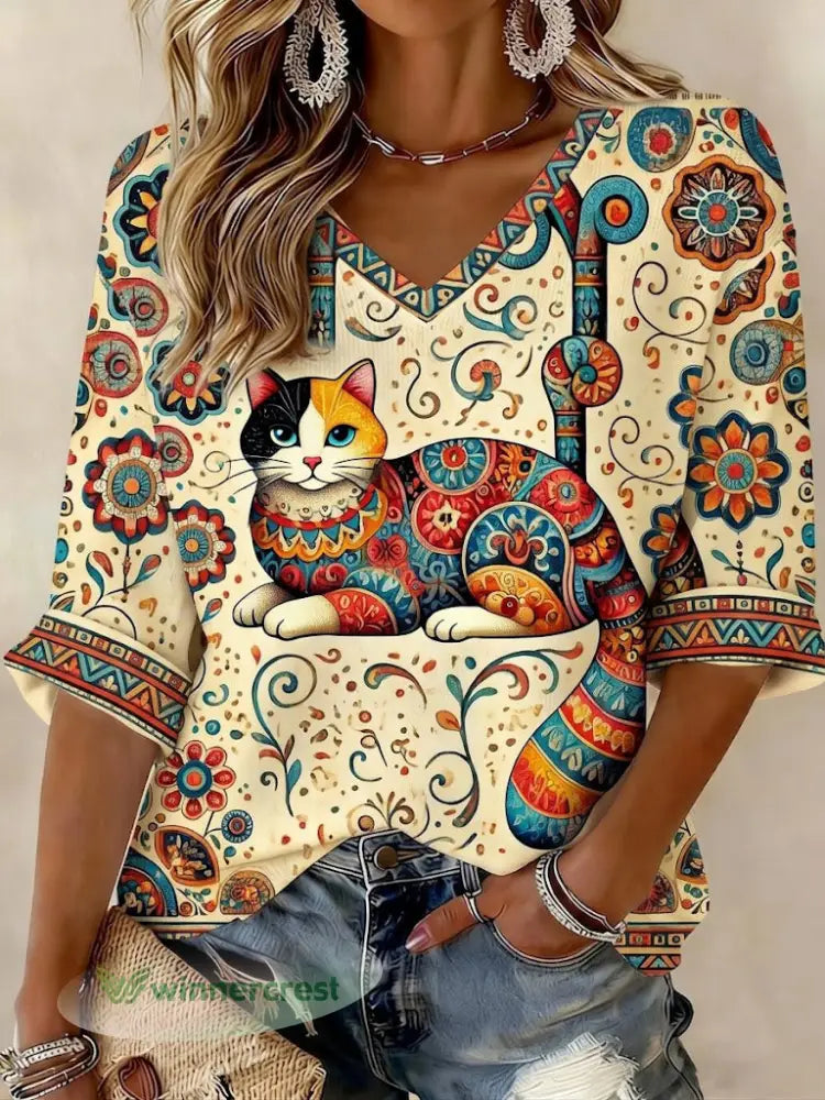Women’s Cat Printed Mid-length Sleeves V-Neck T-Shirt - As picture / S