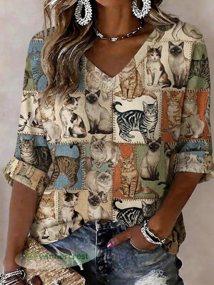 Women’s Cat Printed Mid-length Sleeves V-Neck T-Shirt - As picture / S