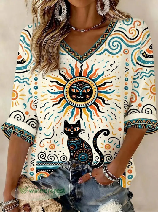 Women’s Cat Printed Mid-length Sleeves V-Neck T-Shirt - As picture / S