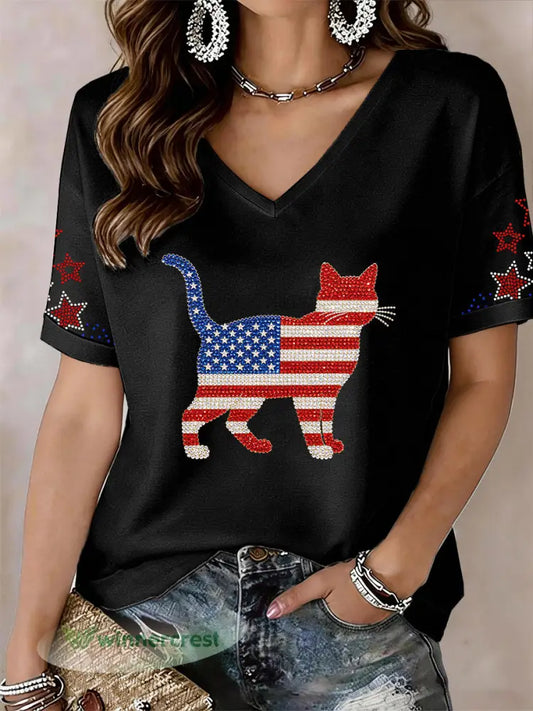 Women’s Cat Rhinestone Pattern V-Neck T-Shirt - Black / S