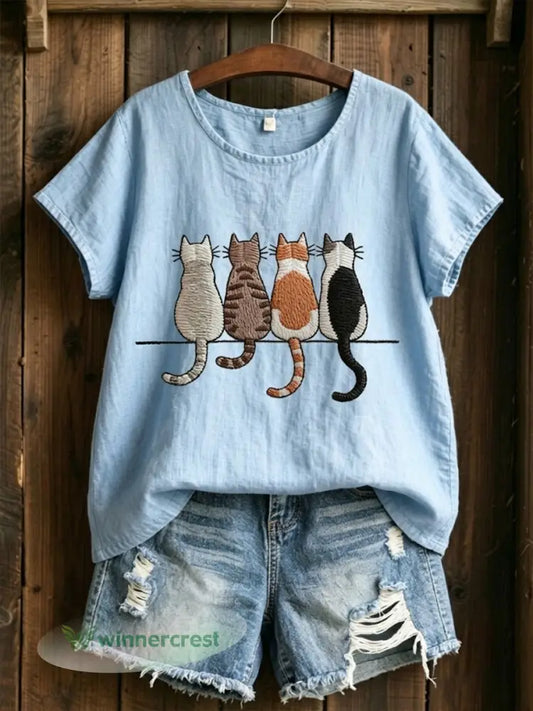 Women’s Cat’s Back View Linen Short-sleeved T-shirt - Light Blue / S