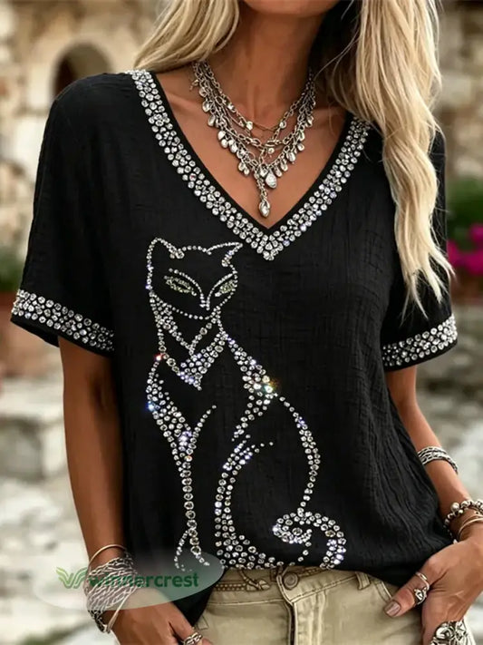 Women’s Classy Glitter Cat Art Comfy Linen V-Neck Linen Short Sleeves Top - Black / S