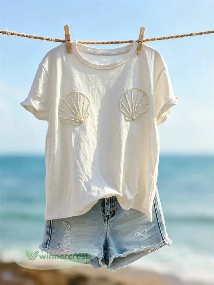 Women’s Classy Seashells Bikini Pearls Print short-sleeved T-shirt - White / S