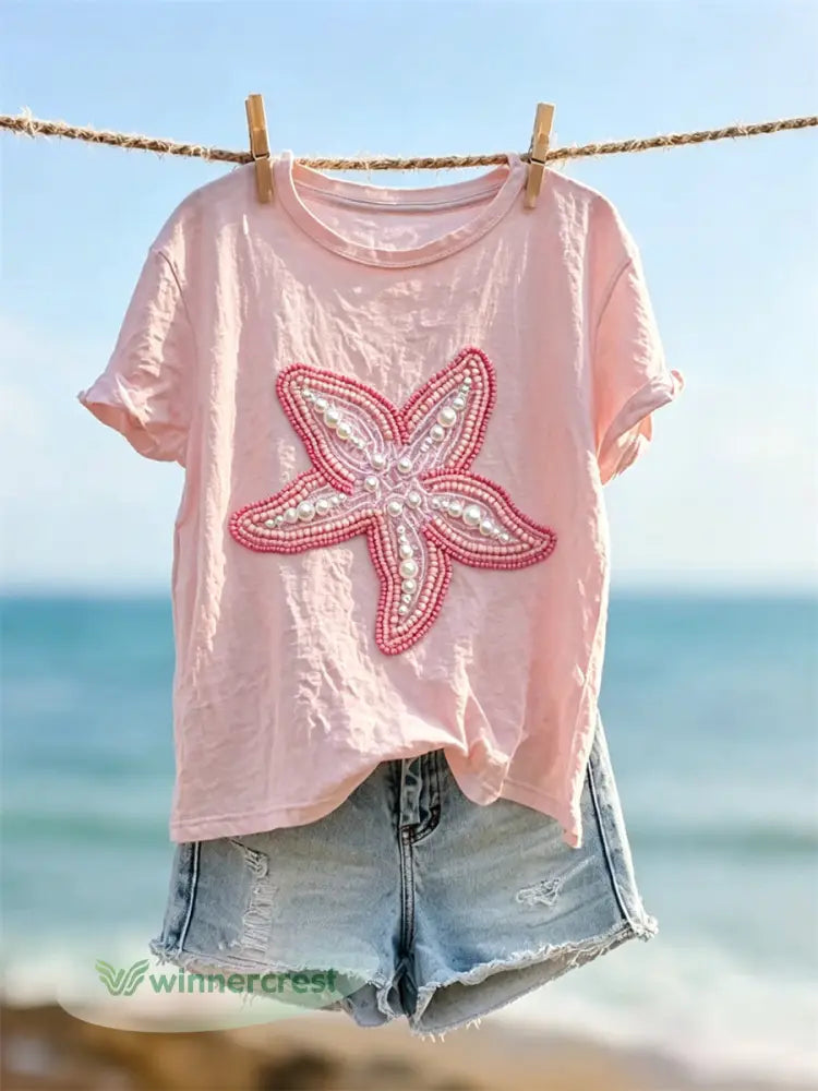 Women’s Classy Starfish Pearls Art Print short-sleeved T-shirt - Pink / S