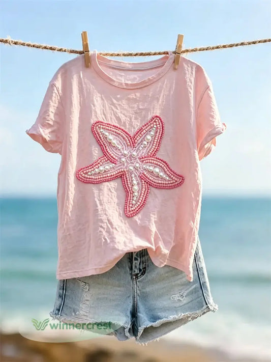 Women’s Classy Starfish Pearls Art Print short-sleeved T-shirt - Pink / S