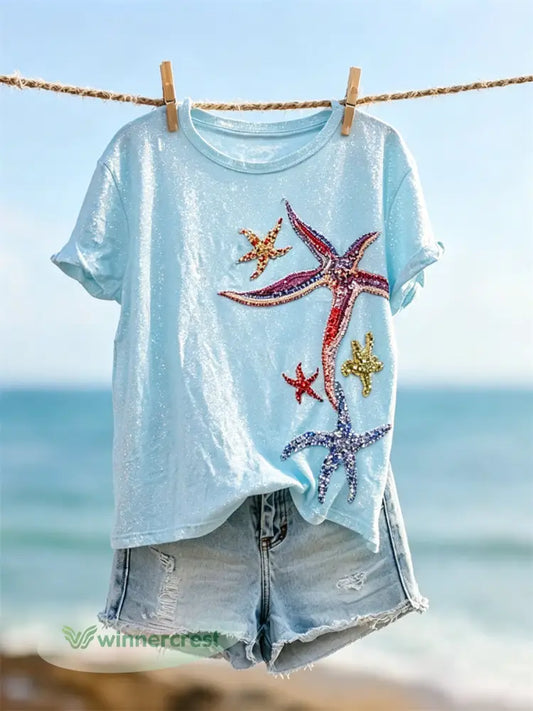 Women’s Colorful Starfish Glitter Art Print short-sleeved T-shirt - Blue / S