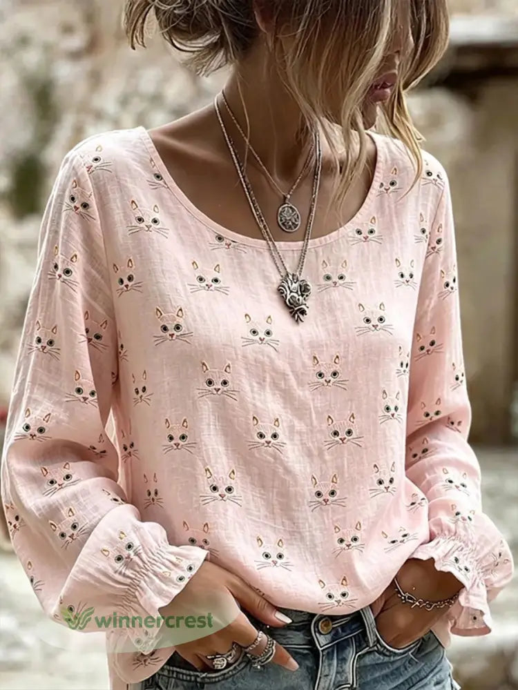 Women’s Cute Cat Face Embroidery Art Linen O-Neck Long Sleeves Shirt - Light Pink / S
